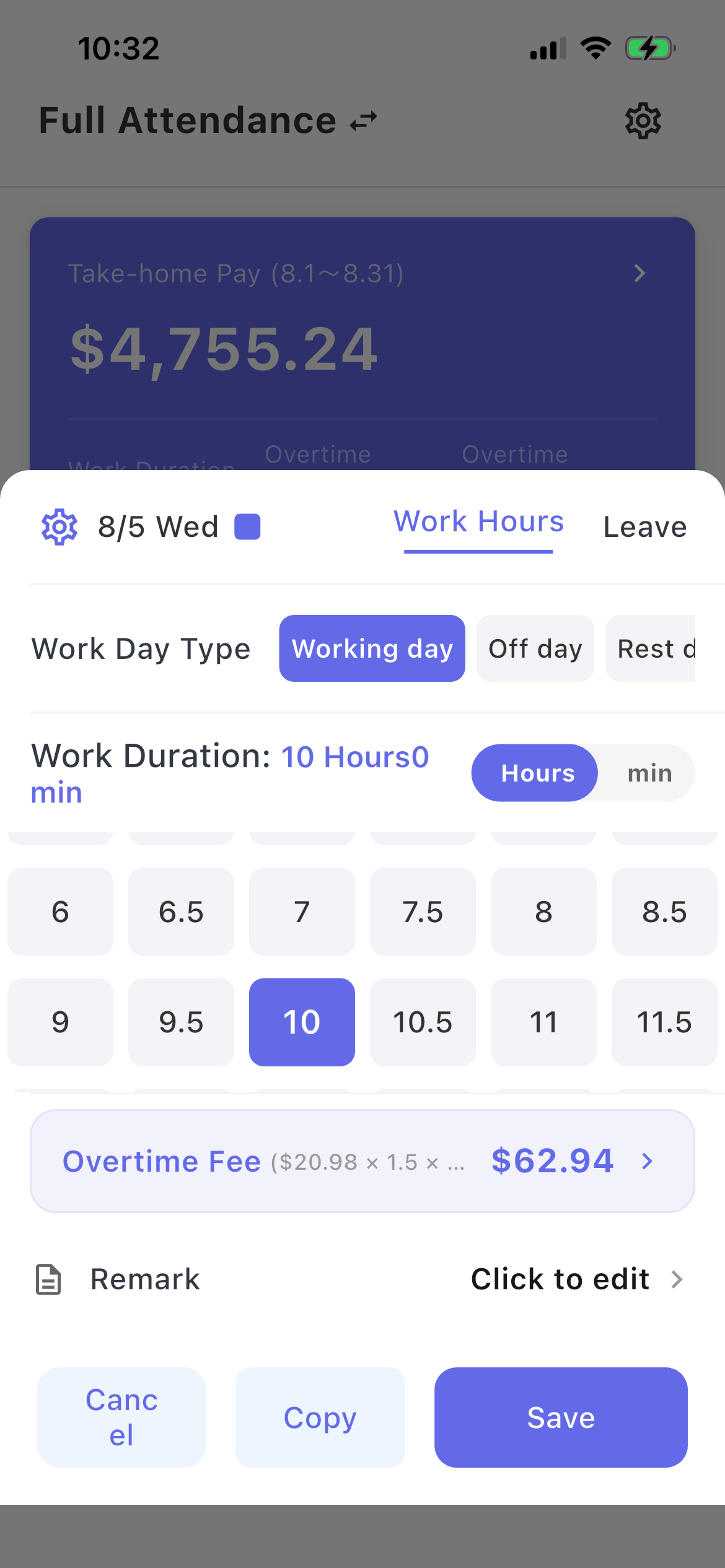 Log work hours and see overtime pay